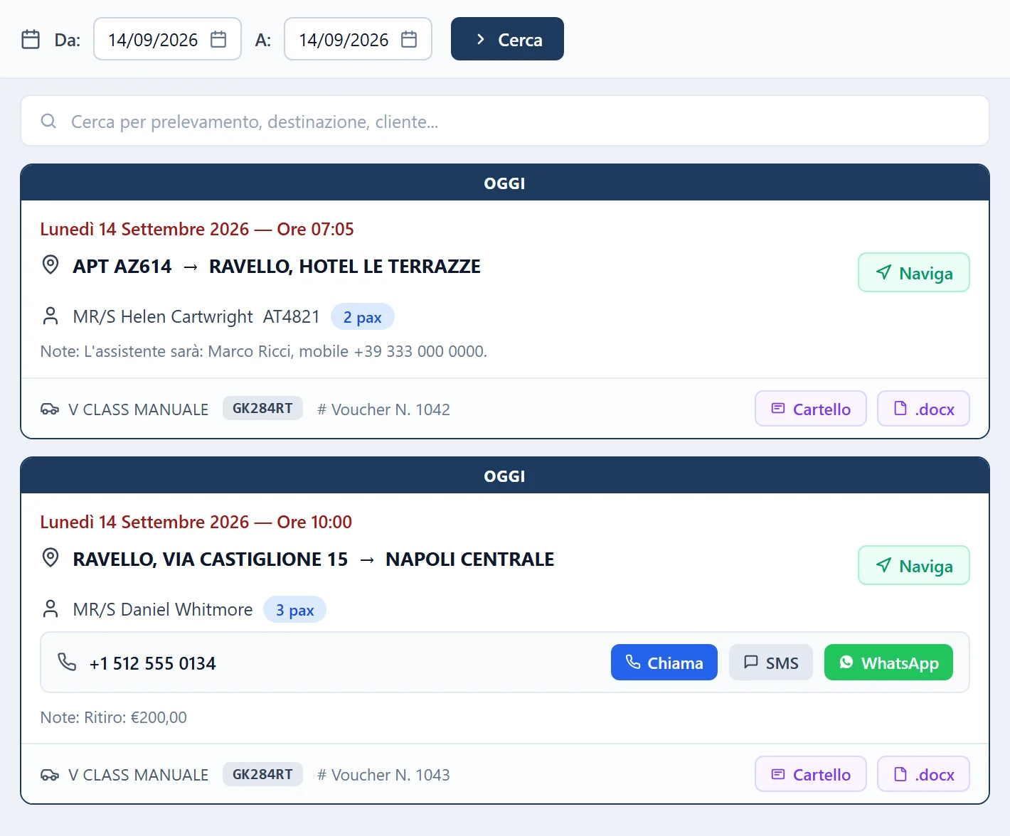 Portale autisti di MyTransfers: elenco dei servizi assegnati al giorno, con orario, tratta, passeggeri, veicolo e targa, pulsanti per navigare, contattare il cliente e scaricare il foglio di servizio.
